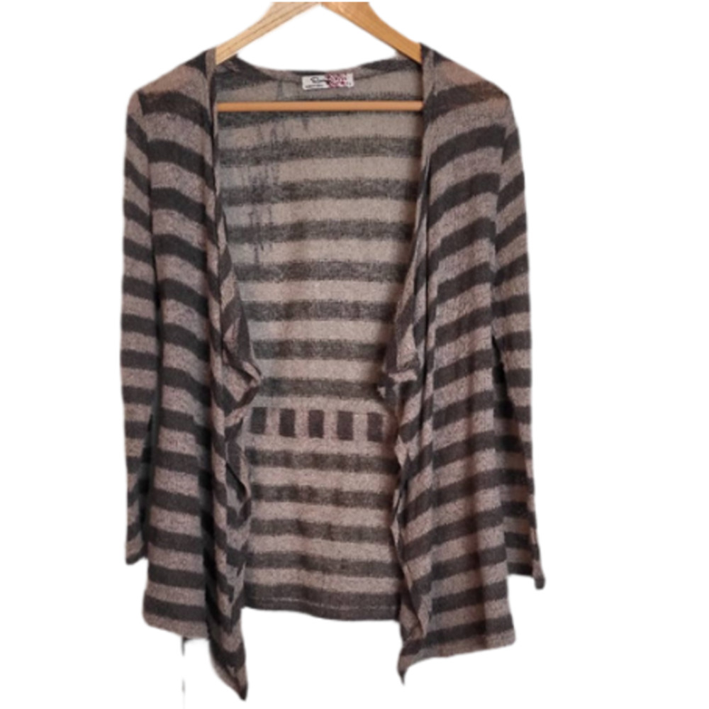 Romy Gray Knit Striped Open Front Cardigan‎ Small